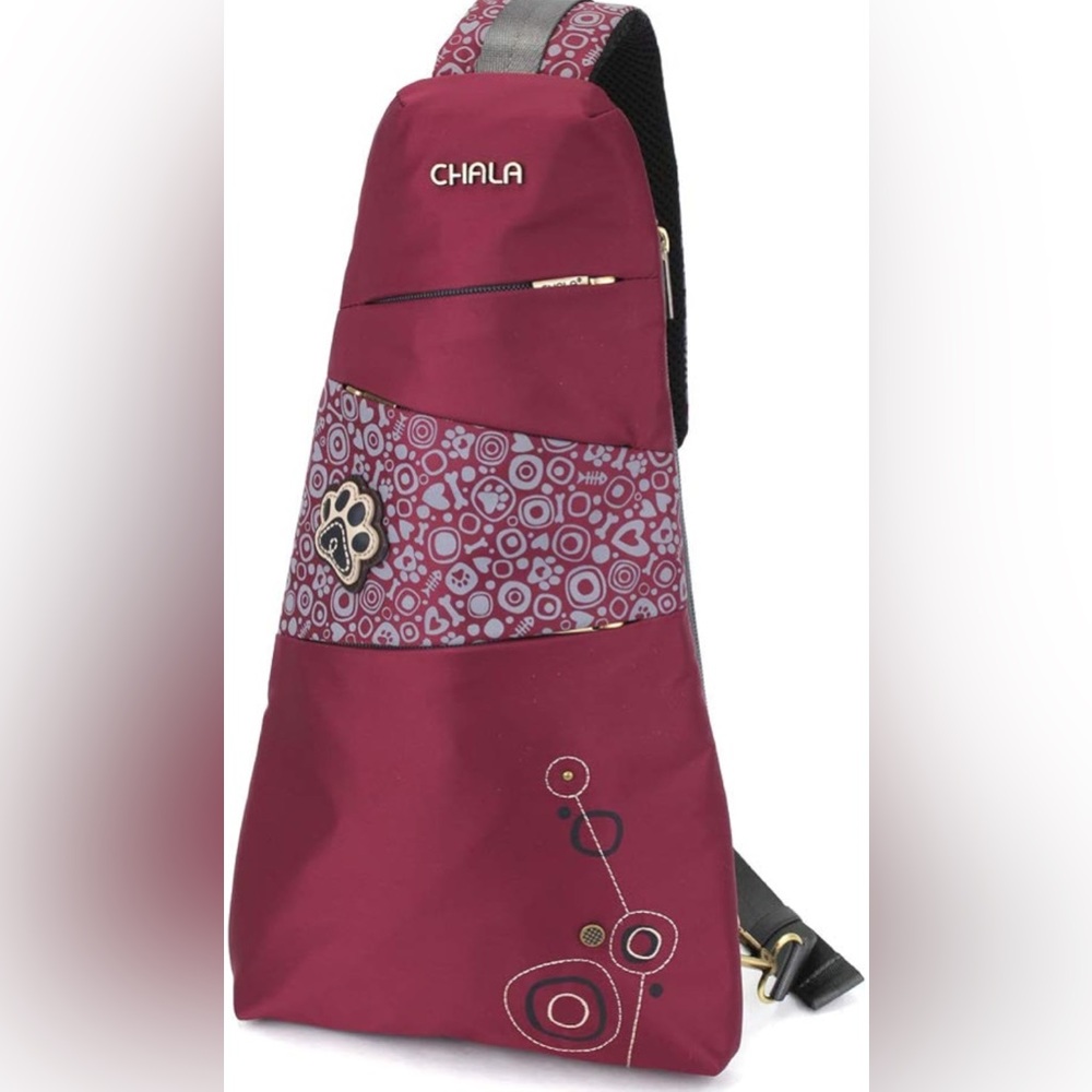 Chala Burgundy Crossbody Bag with Floral Design With Dog Paw print.